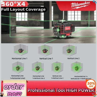 Milwaukee 4.2V 360 Degree Vertical Laser Level Green Beam 16 Lines Self-leveling